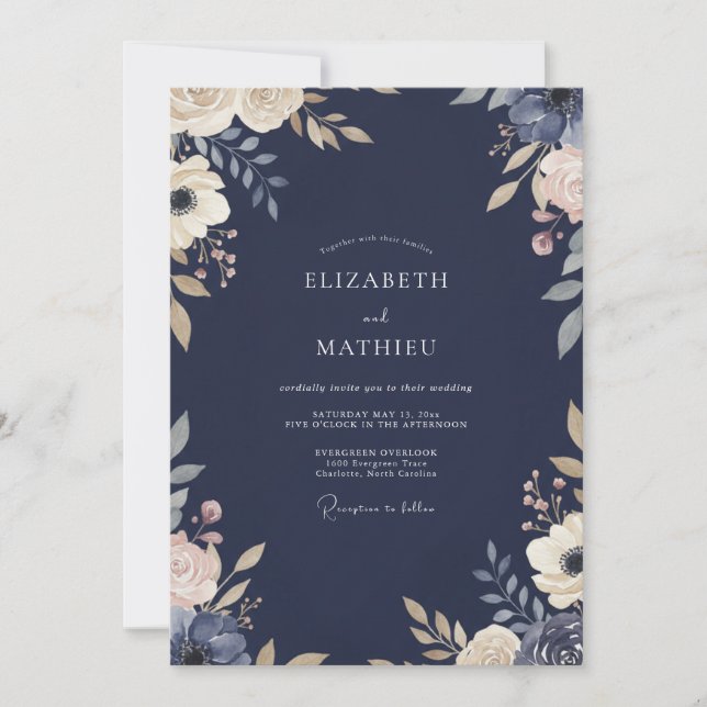 Midnight Indigo Painted Foliage Wedding Invitation (Front)