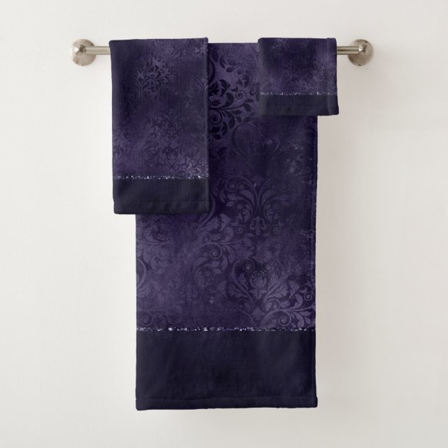 Midnight Indigo Romance | Satiny Grunge Damask Bath Towel Set (Insitu)