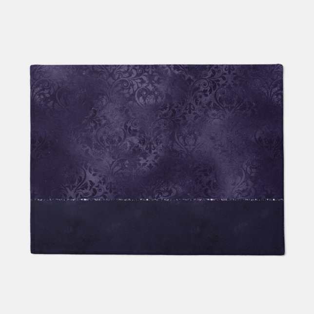 Midnight Indigo Romance | Satiny Grunge Damask Doormat (Front)