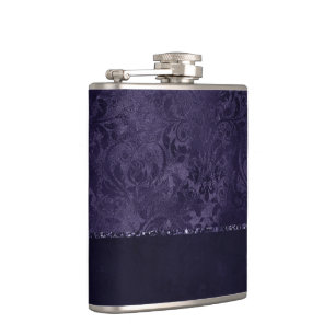 Midnight Indigo Romance   Satiny Grunge Damask Hip Flask