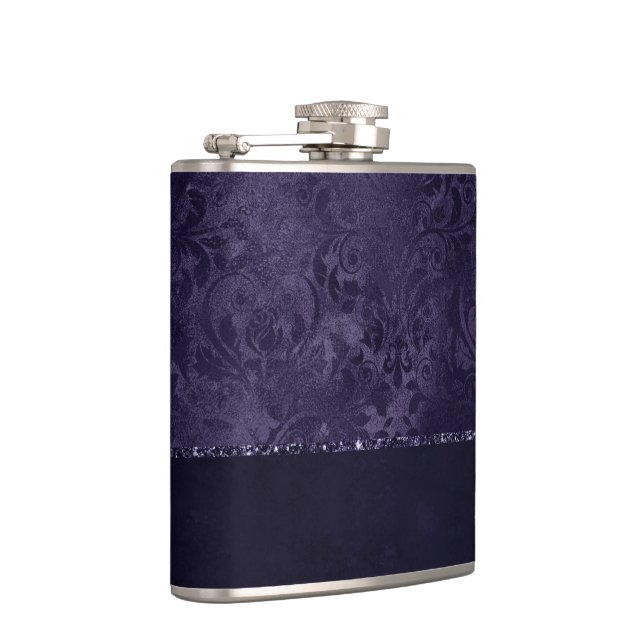 Midnight Indigo Romance | Satiny Grunge Damask Hip Flask (Right)