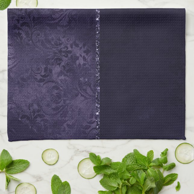 Midnight Indigo Romance | Satiny Grunge Damask Tea Towel (Folded)