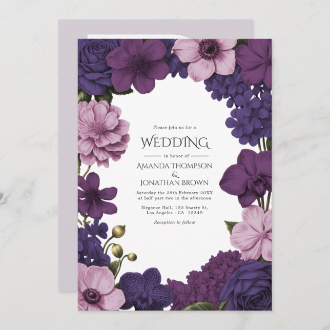 Midnight Iris, Velvet Plum & Dusty Petal Wedding Invitation (Front/Back)