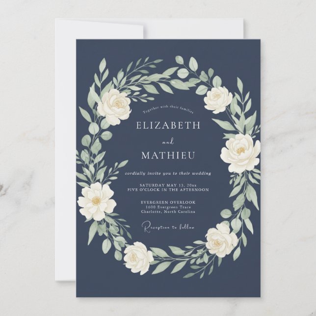 Midnight Ivory Foliage Eucalyptus Wedding Invitation (Front)