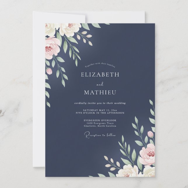 Midnight Ivory Leafy Wedding Invitation (Front)