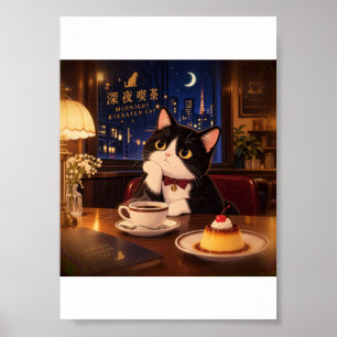 Midnight Kissaten Cat Poster   Japanese Retro Café