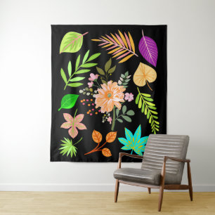 Midnight Leaves with Rose - Floral and Botanical Tapestry