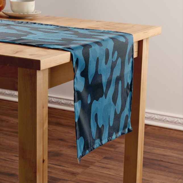 Midnight, light blue, muted blue, dark blue camo short table runner (In Situ)