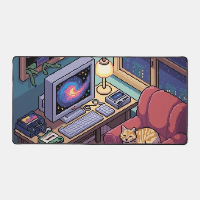 Midnight Lofi Pixel Art Retro Room Desk Mat (Front)