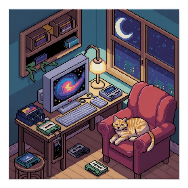 Midnight Lofi Pixel Art Retro Room Poster (Front)