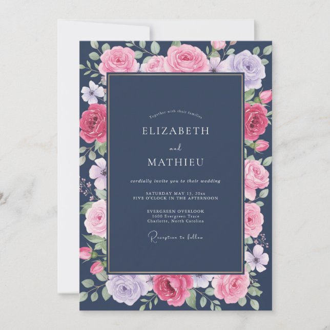 Midnight Magenta Peony Wedding Invitation (Front)