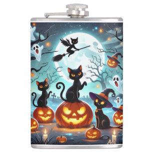 Midnight Magic: Black Cats & Pumpkins Halloween Hip Flask