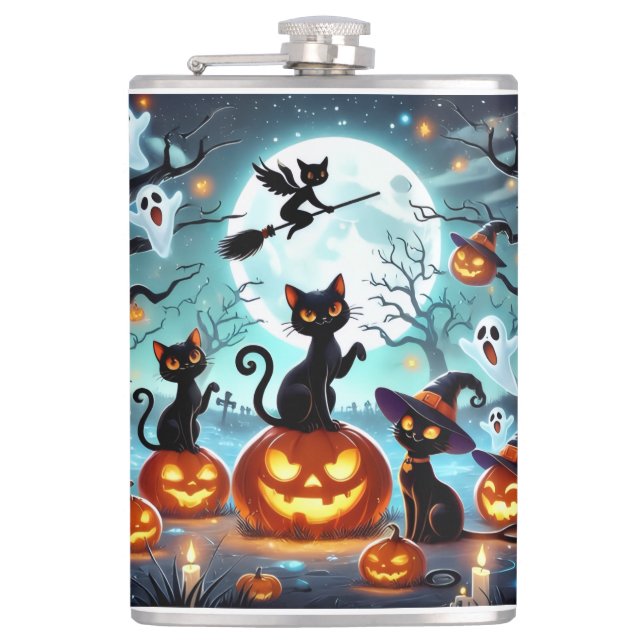 Midnight Magic: Black Cats & Pumpkins Halloween  Hip Flask (Front)