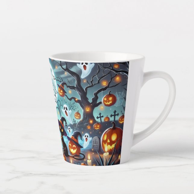 Midnight Magic: Black Cats & Pumpkins Halloween  Latte Mug (Right)