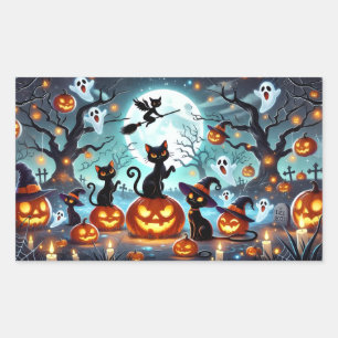 Midnight Magic: Black Cats & Pumpkins Halloween Rectangular Sticker