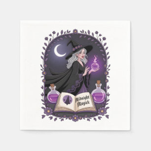 Midnight Magick Illustration of a Young Witch Napkin