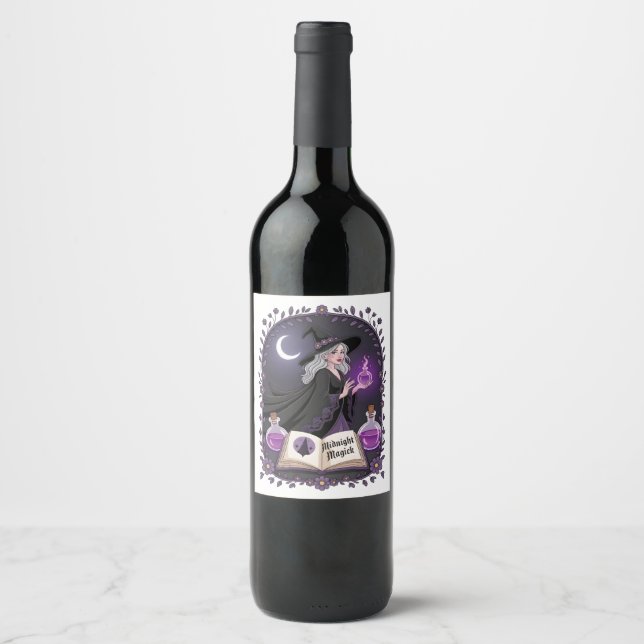 Midnight Magick Illustration of a Young Witch Wine Label (Front)