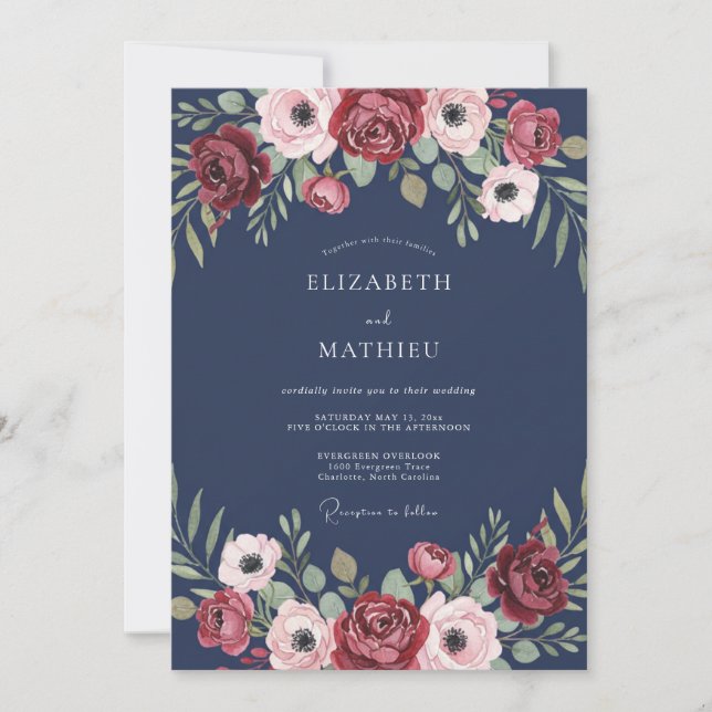 Midnight Maroon Anemone Wedding Invitation (Front)