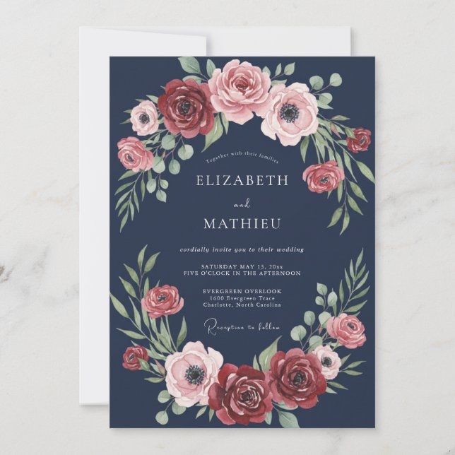 Midnight Marsala Leaf Wedding Invitation (Front)