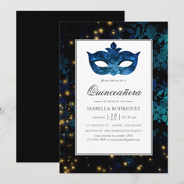 Midnight Masquerade Damask Quinceañera Invitation (Front/Back)