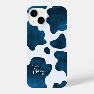Midnight Meadow: Navy Blue Cow Print iPhone 14 Case