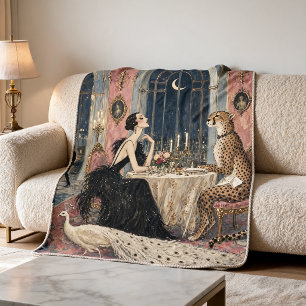 Midnight Menagerie Animal Dinner Party Vintage Art Fleece Blanket
