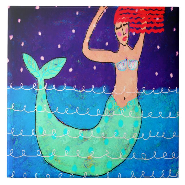 Midnight Mermaid Abstract Painting Ceramic Tile (Front)