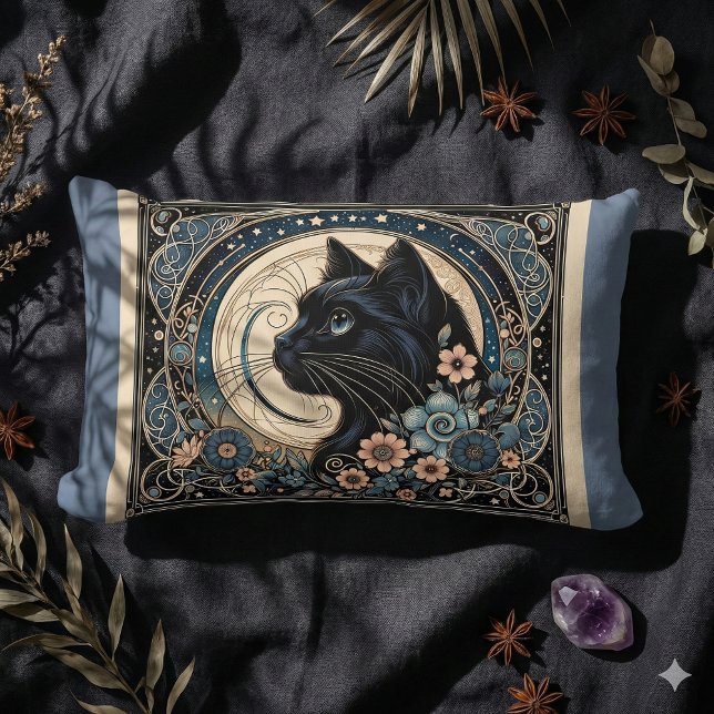 Midnight Muse in a Petaled Moon Frame Lumbar Cushion (Midnight Muse in a Petaled Moon Frame Lumbar Pillow Mockup B)
