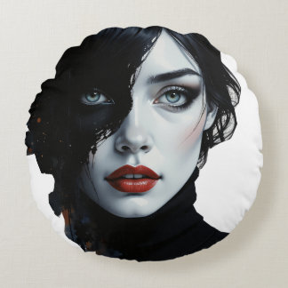 Midnight Muse – Ink-Splash Portrait Round Cushion