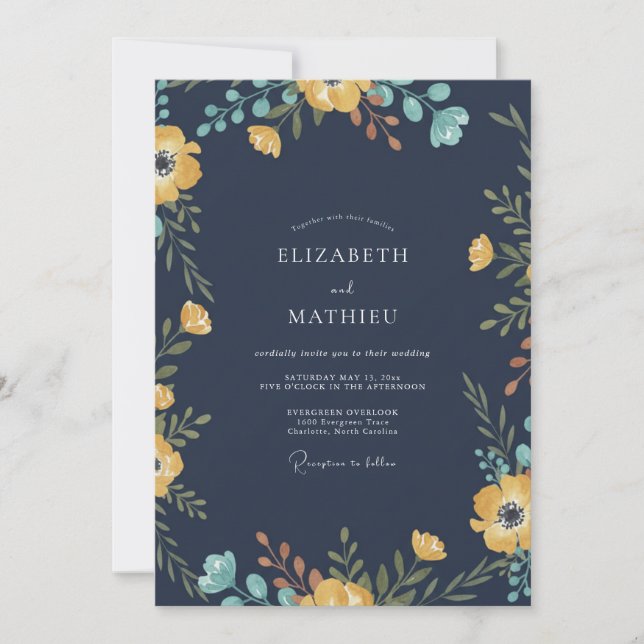 Midnight Mustard Poppy Wedding Invitation (Front)