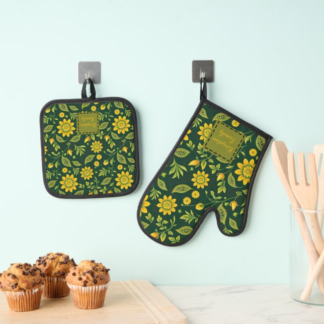 Midnight Mystique Blooms Custom Name Oven Mitt & Pot Holder Set (Insitu(Hanging))