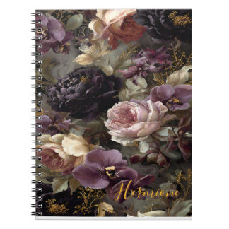 Midnight Mystique: Moody Purple & Gold Floral Hard Notebook