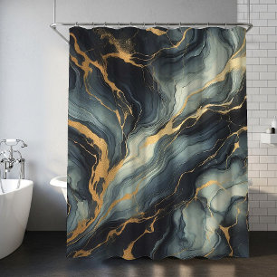 Midnight Navy and Gold Marble Artistic Pattern Shower Curtain