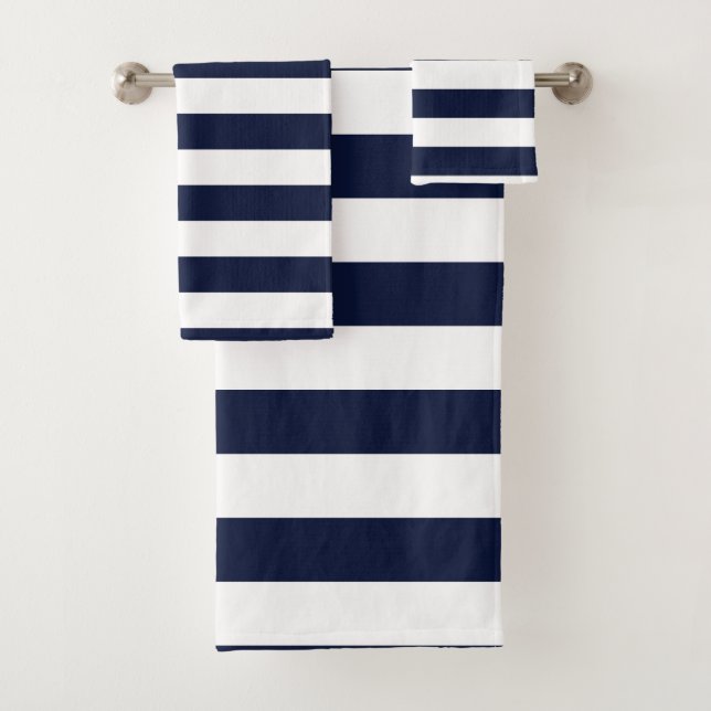 Midnight Navy Blue and White Stripes Bath Towel Set (Insitu)