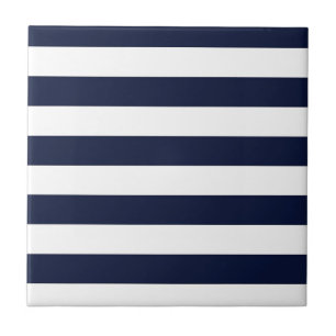 Midnight Navy Blue and White Stripes Ceramic Tile