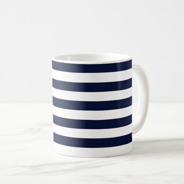 Midnight Navy Blue and White Stripes Coffee Mug (Front Right)