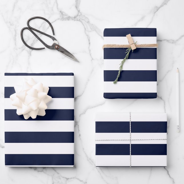 Midnight Navy Blue and White Stripes Wrapping Paper Sheet (Front)
