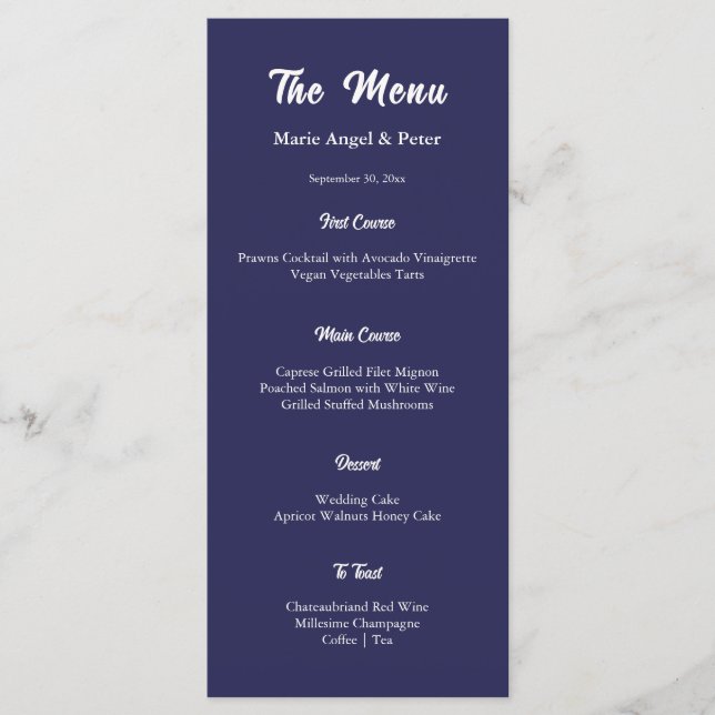 Midnight Navy Blue Monogram Wedding Reception Menu (Front)
