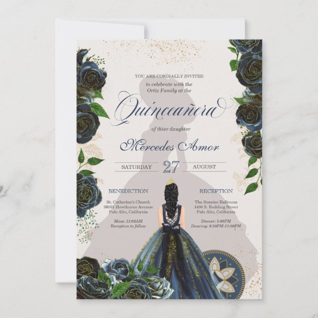 Midnight Navy Blue Roses Fancy Charro Quinceanera  Invitation (Front)