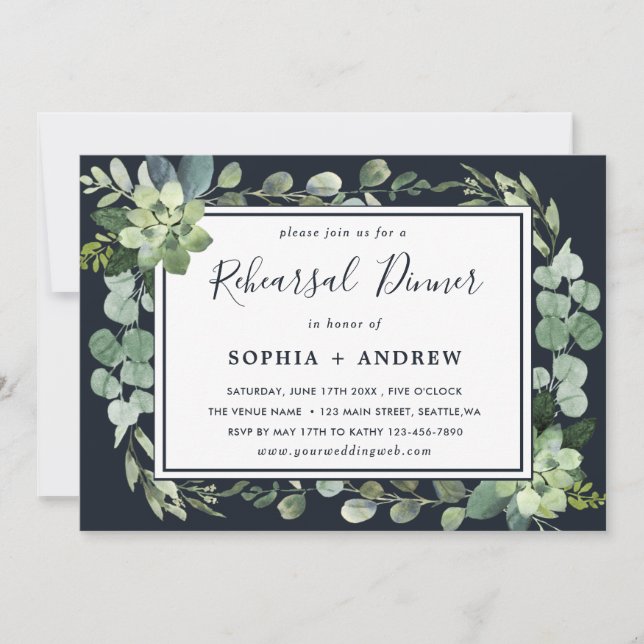 Midnight Navy Blue Succulent Rehearsal  Dinner Invitation (Front)