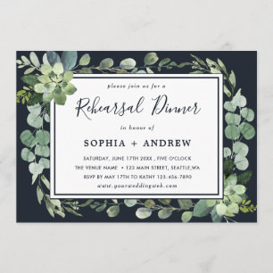 Midnight Navy Blue Succulent Rehearsal  Dinner Invitation