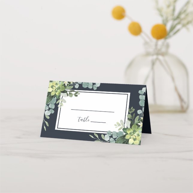 Midnight Navy Blue Succulent Wedding Personalised Place Card (Front)