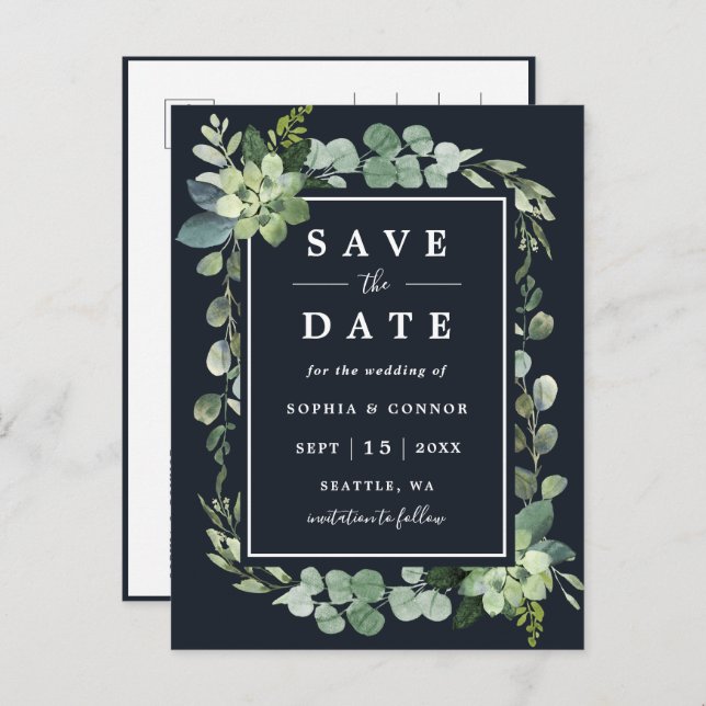 Midnight Navy Blue Succulent Wedding Save the Date Announcement Postcard (Front/Back)