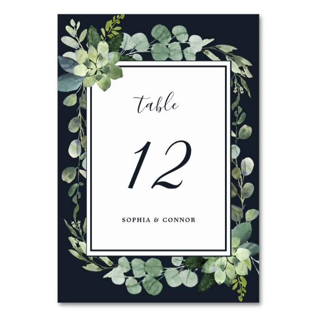 Midnight Navy Blue Succulent Wedding Table Number (Front)