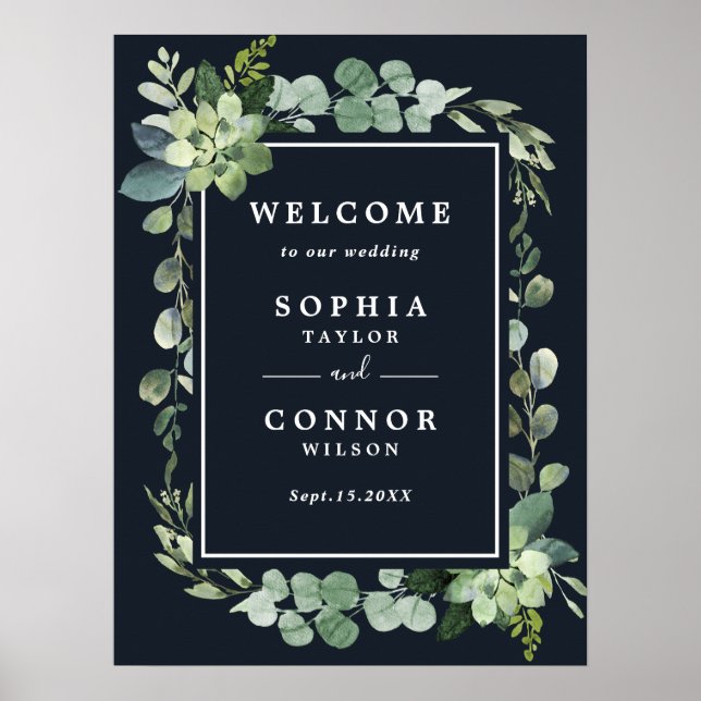 Midnight Navy Blue Succulent Wedding Welcome Sign (Front)