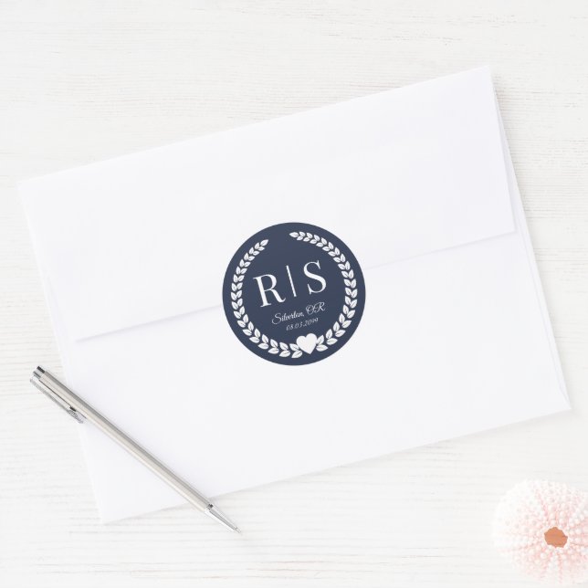Midnight Navy Blue Wedding Monogram Initials Classic Round Sticker (Envelope)