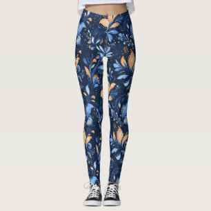 Midnight Navy Floral - Peach Blooms & Blue Vines Leggings