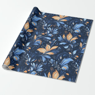 Midnight Navy Floral - Peach Blooms & Blue Vines Wrapping Paper