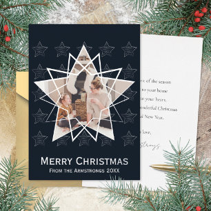 Midnight Navy Geometric Star Silver Christmas Foil Holiday Card