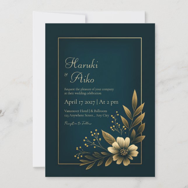 Midnight Navy Gold Botanical Wedding Invitation (Front)